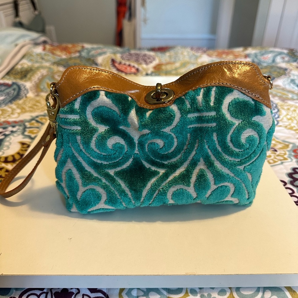 Glenda Gies Small Teal Patterned Wristlet Purse with Tan Leather Trim
